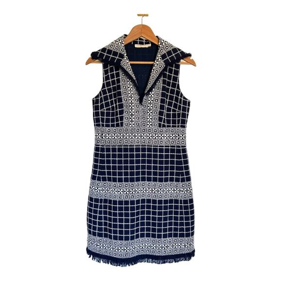 Tory Burch Navy Blue Carlsbad Tweed Fringe Dress Size 6 - Picture 4 of 11